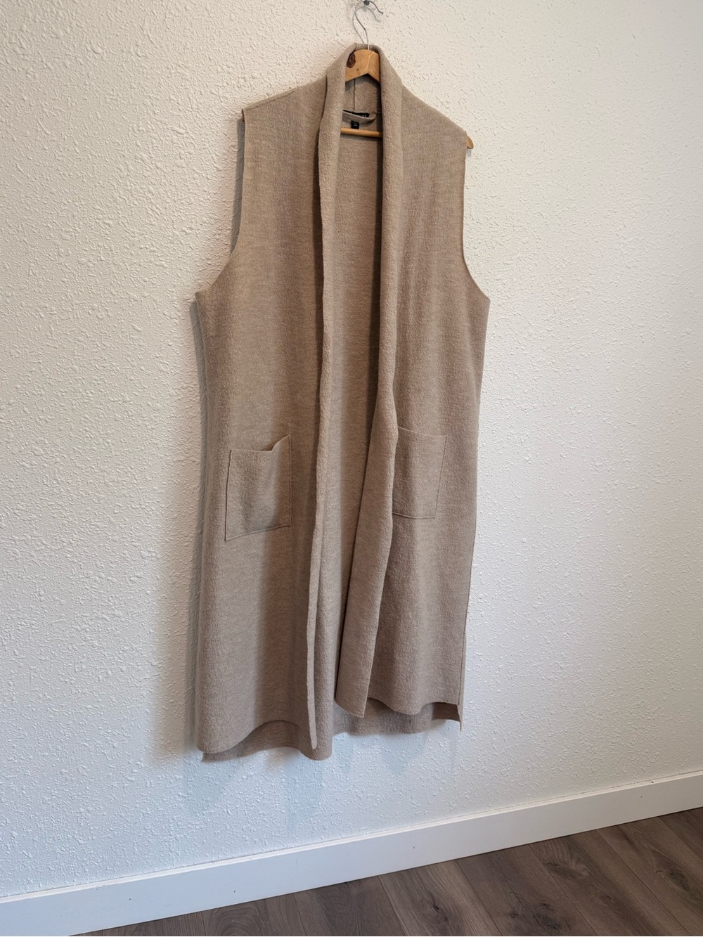 Eileen Fisher tan wool shawl collar long vest jacket calf length women’s L